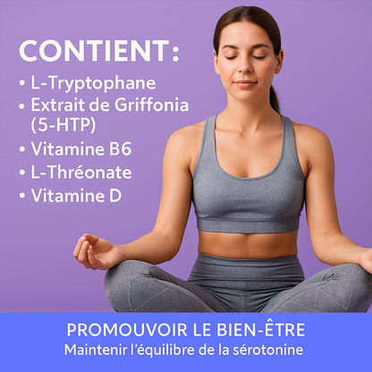 Woman meditating in gray sportswear with supplement ingredients and wellness benefits on purple background