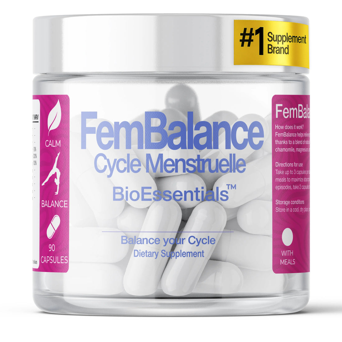 FemBalance cycle supplement bottle with white capsules, promotes calm and balance, 90 count