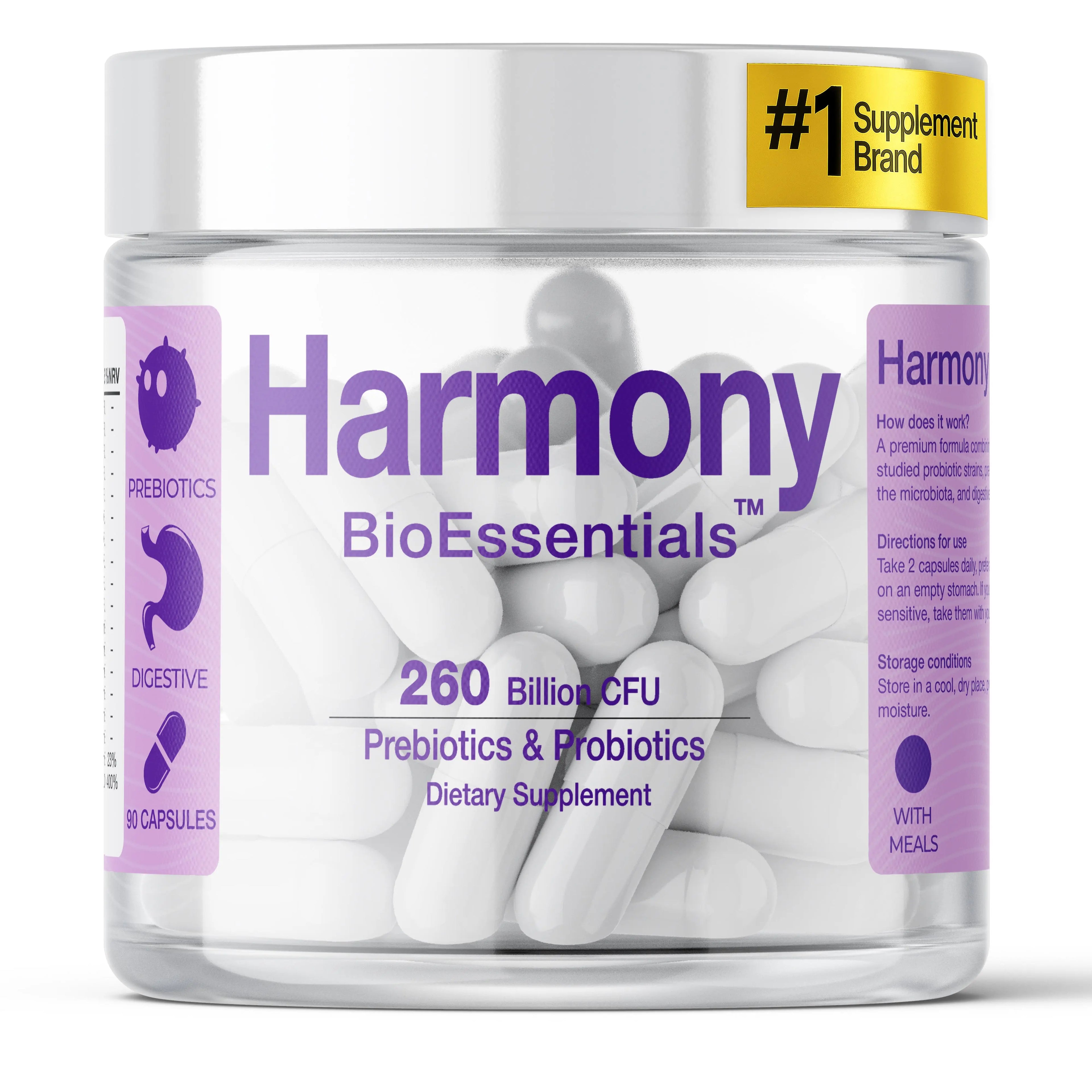 Harmony BioEssentials prebiotics and probiotics supplement capsules in clear jar