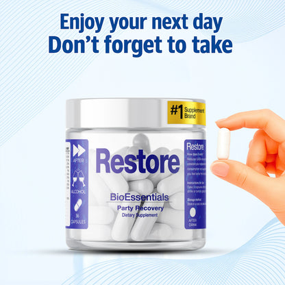 RESTORE® Happy Mornings and Night Recovery – DHM + L-Cysteine Detox &amp; Next-Day Support – Hangover Recovery &amp; Happy Mornings BioEssentials