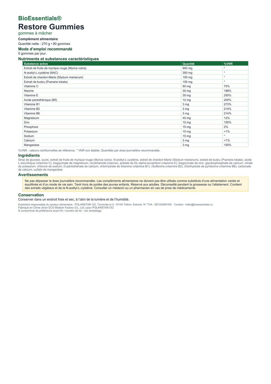 BioEssentials Restore Gummies label - FR