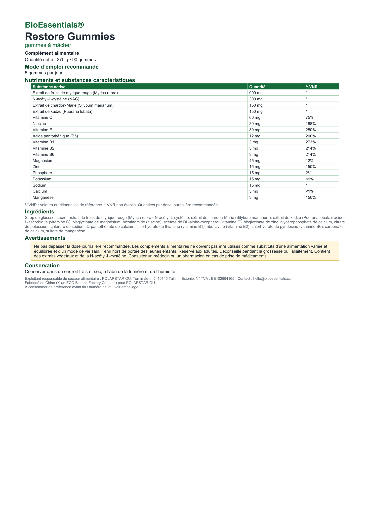 BioEssentials Restore Gummies label - FR