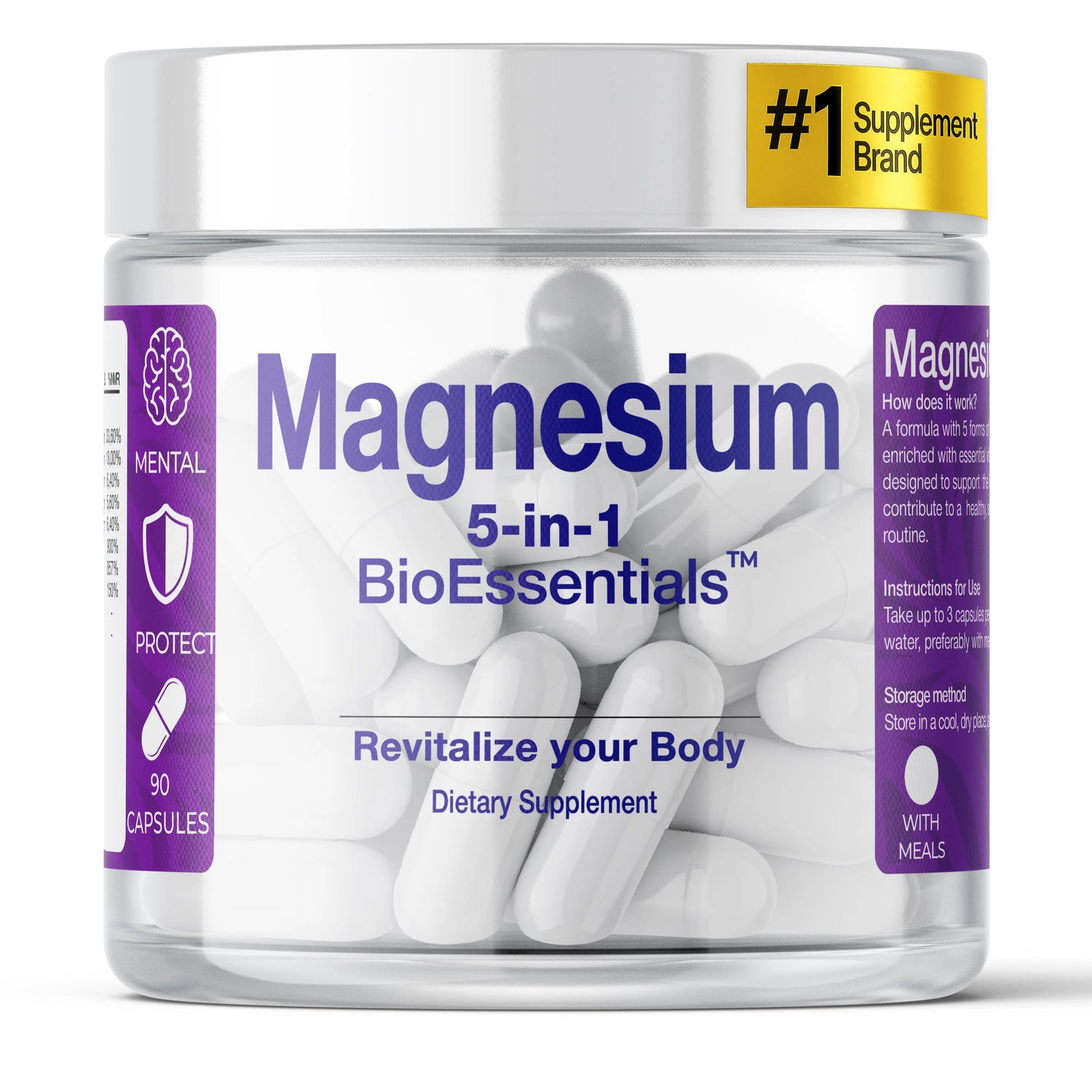 Magnesium 5-in-1 dietary supplement bottle with 90 capsules, clear label and health icons