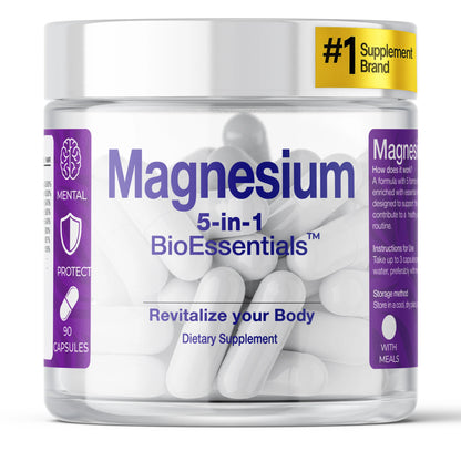 Magnesium 5-in-1 dietary supplement bottle with 90 capsules, clear label and health icons