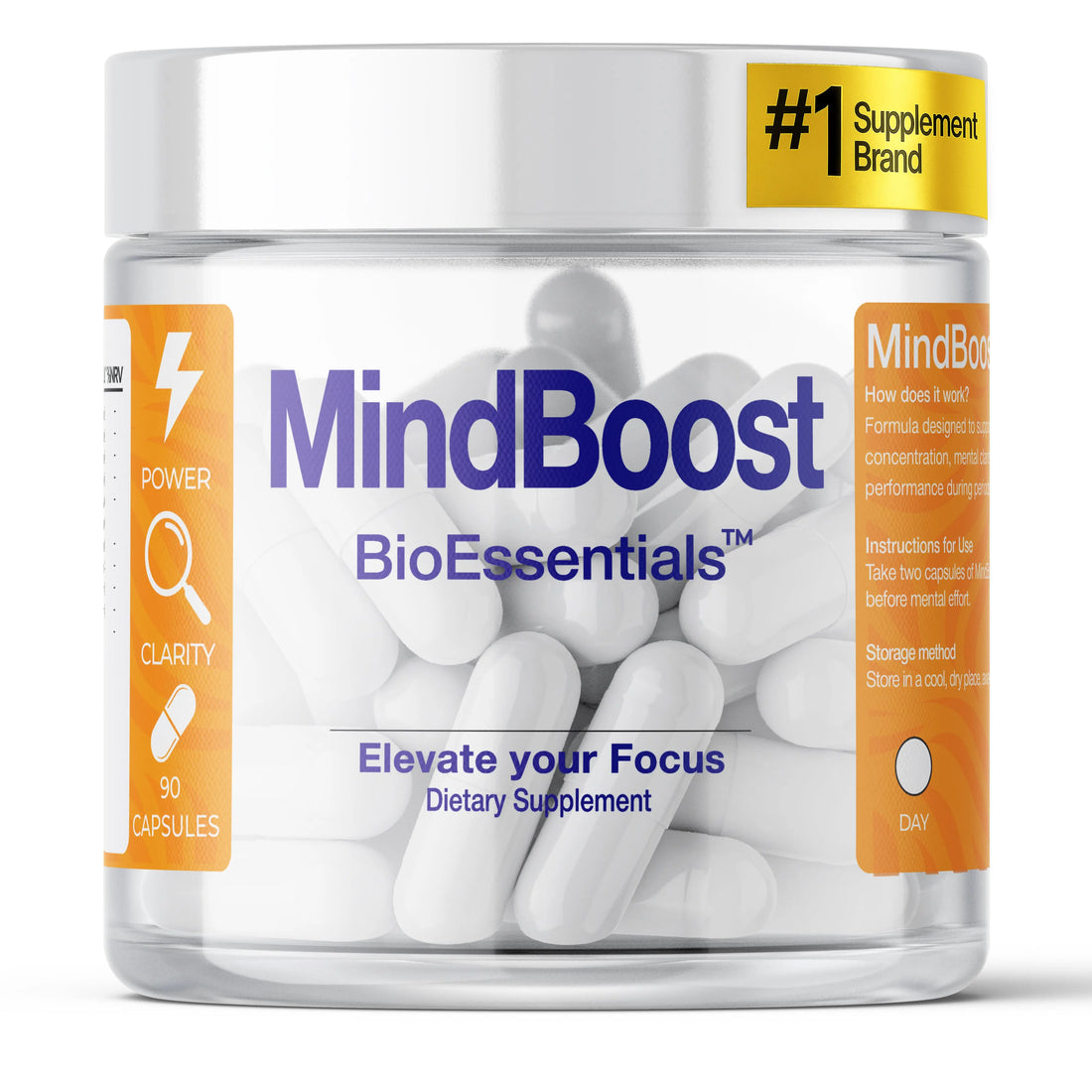 MindBoost dietary supplement bottle with white capsules, promoting cognitive focus support