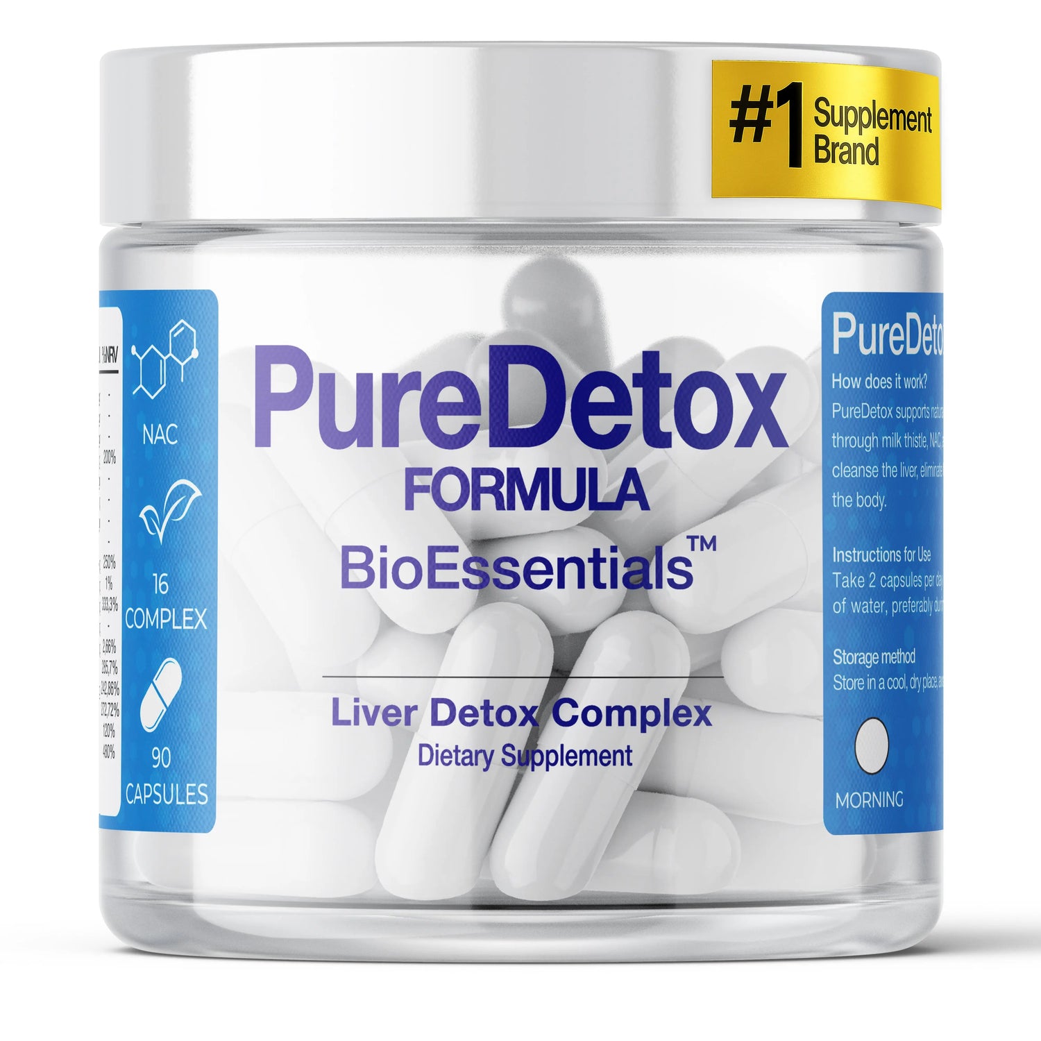 PureDetox liver detox supplement capsules in clear jar, 90 count, dietary support