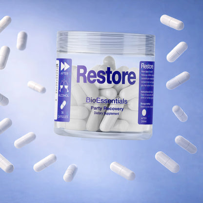 Suplemento BioEssentials RESTORE Happy Mornings y Night Recovery con DHM y L-Cisteína para recuperación y apoyo al día siguiente