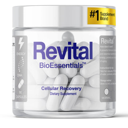 Revital BioEssentials cellular recovery dietary supplement capsules in clear jar