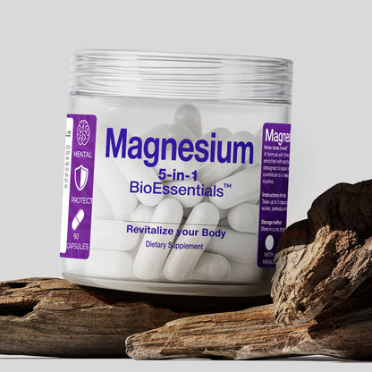 Magnesium 5-in-1 dietary supplement capsules in clear jar on wood, wellness support