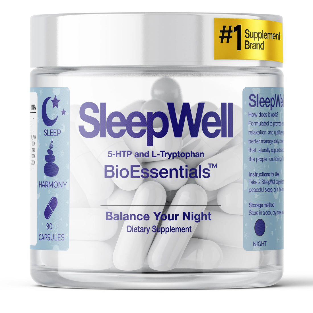 SleepWell dietary supplement jar with white capsules, labeled for sleep support with 5-HTP and L-Tryptophan.